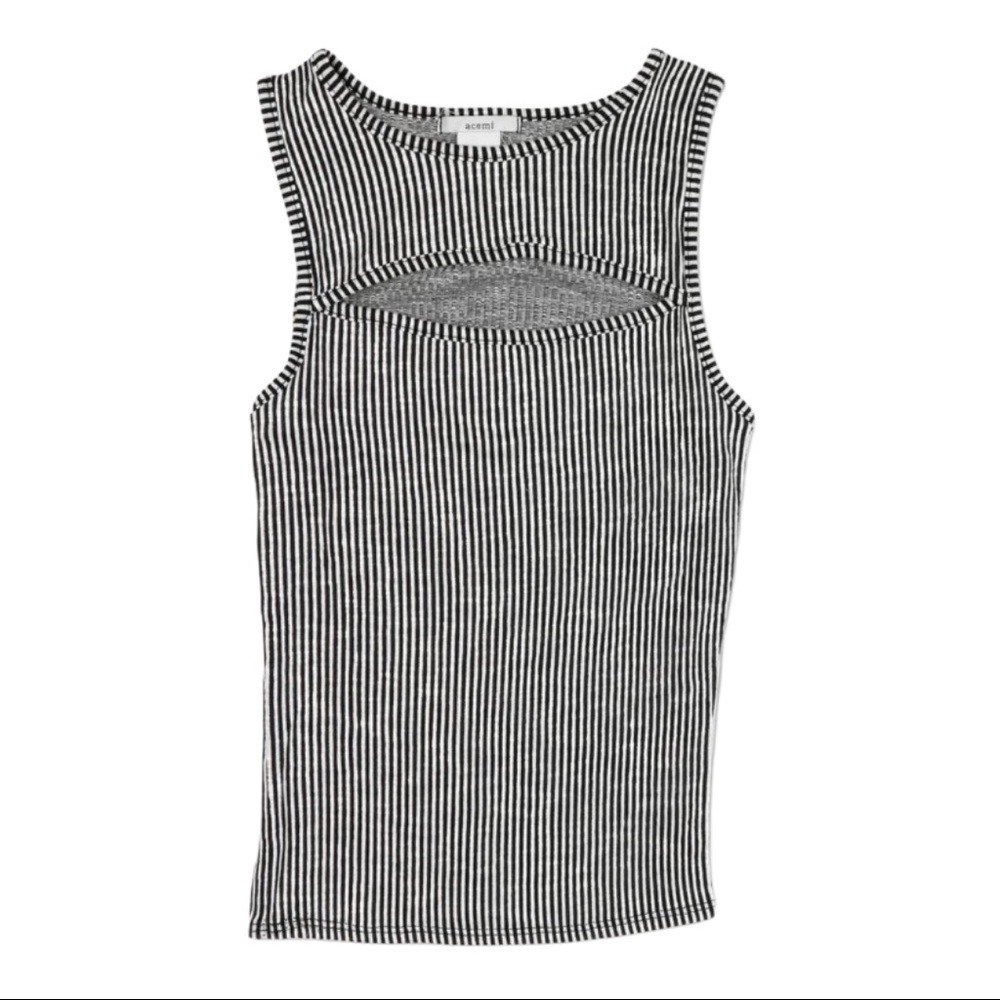 Acemi Women’s Sleeveless Ribbed Cutout Front Striped Top EUC